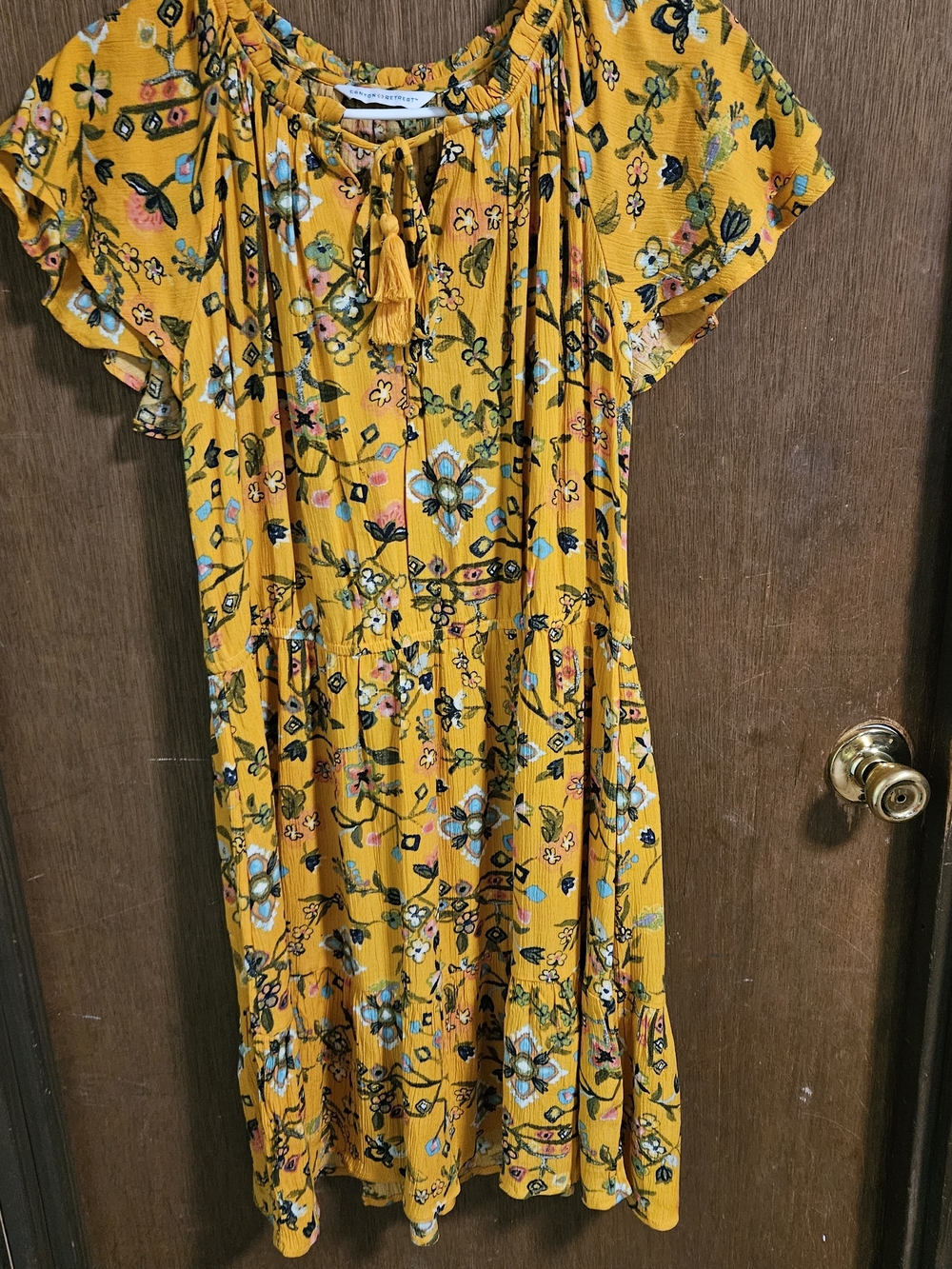 Women's Yellow Floral Maxi Dress with Tassel Neckline